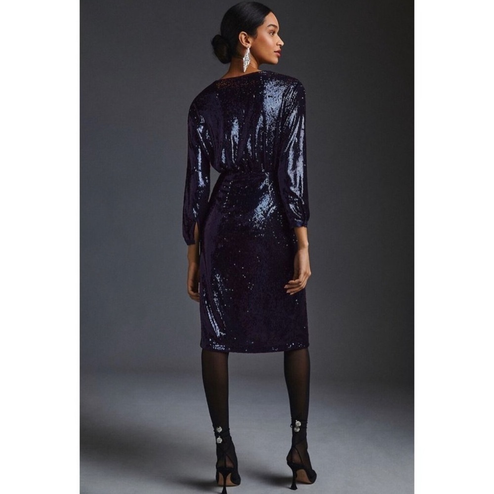 by Anthropologie Twist-Front Sequin Dress Navy Blue size: 8P - Picture 3 of 16